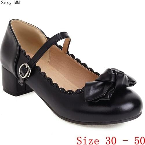 Ladies Med Heel Mary Janes Shoes Square Women Pumps Office Career Shoes Med High Heels Kitten Heels Small Plus Size 30 - 50