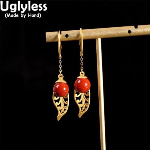Uglyless Hollow Leaves Spring Dress Earrings for Women Natural Agate Brincos Bijoux Gold 925 Silver Fashion Dress Jewelry Gems