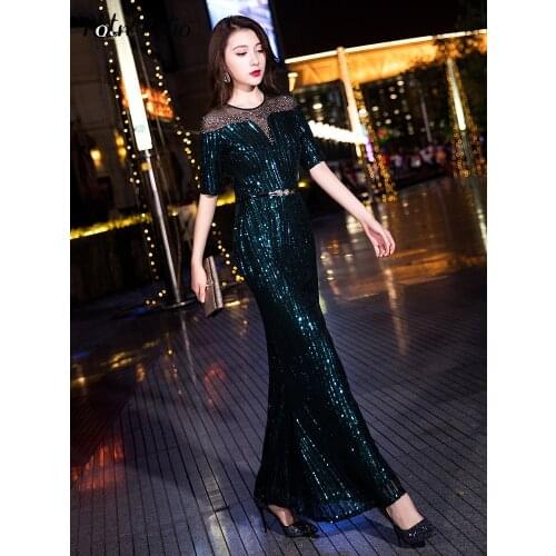Green Mermaid Evening Dresses 2020 Elegant O-neck Floor-length Long Sparkle Sequined Prom Dresses With Sleeves