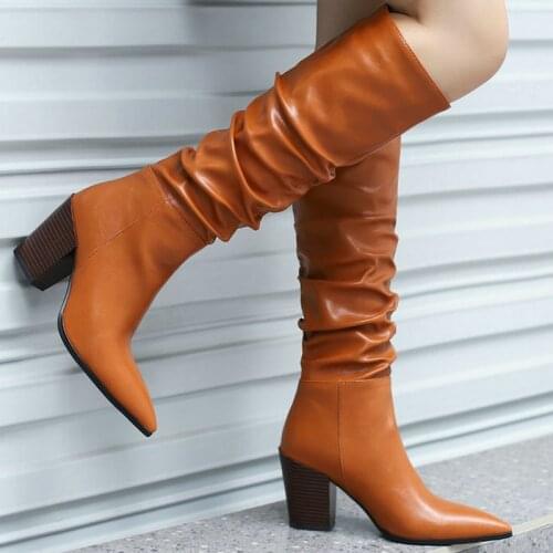 2021 Autumn Winter Women Knee High Boots Square High Heel Pointed Toe Ladies Calf Boots Pleated Slip on Womens Boots Plus Size