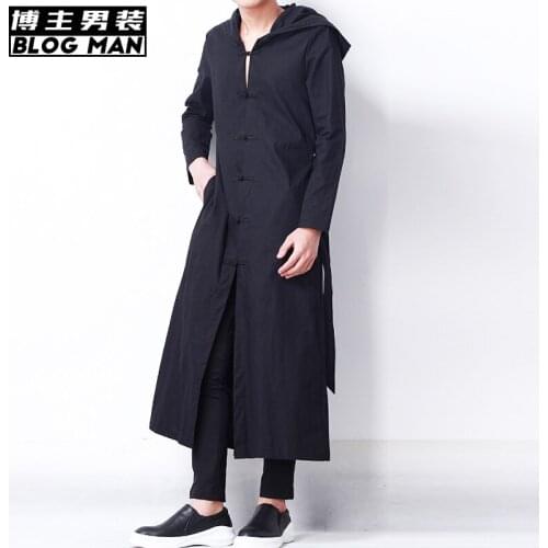 2020 Summer New Linen Long Hood Trench Vintage Plate Buttons Long-sleeve Slim Thin Outerwear Hairstylist Singer Costumes