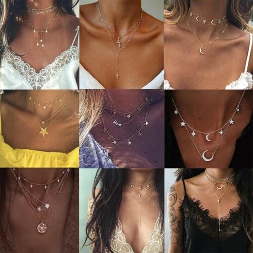 1PC 2021 New Bohemian Multi Layer Pendant Necklaces for Women Fashion Golden Geometric Charm Chains Necklace Jewelry