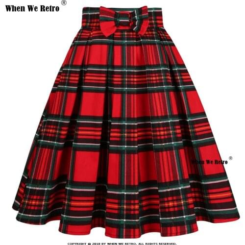 2021 New Women Summer Cotton Vintage Skirt SS0012 Plus Size Clothing with Bow Pockets Y2K Checkered Red Plaid Pleated Skirts