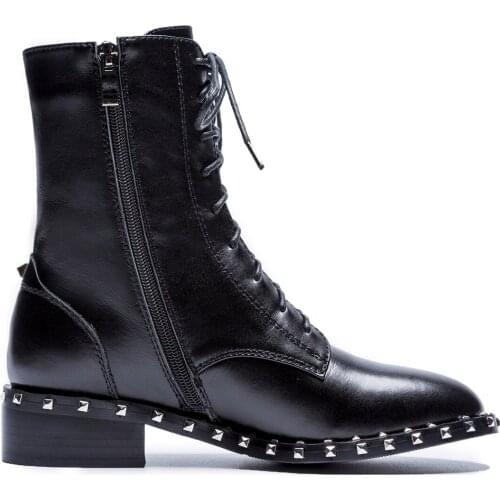 Martin Boots 100% Real cowhide Women Boussac Lace up Rivets Round Toe Ankle Boots Women Short Plush Winter Shoes Women Botas