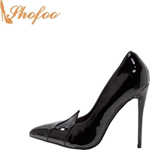 Black Stilettos High Thin Heels Pointed Toe Women Pumps Patent Leather Shoes Large Size 10 15 Ladies Fashion Party Mature Shofoo