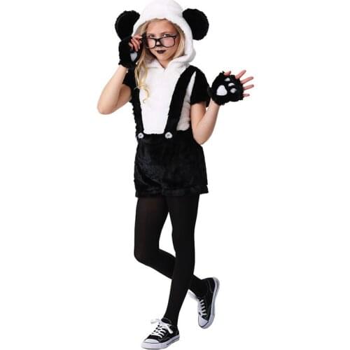 Animal Kids Girls Panda Plush Clothing Halloween Party Cartoon Cute Panda Cosplay Costumes Strap Jumpsuits Hooded