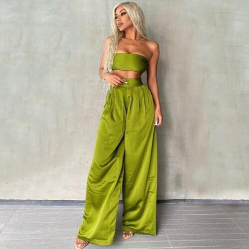 Sexy Two Pieces Set Women Tube Top Backless Lace-Up Top and High Waist Loose Wide Leg Pants Outfit Lady Fashion Clothing New