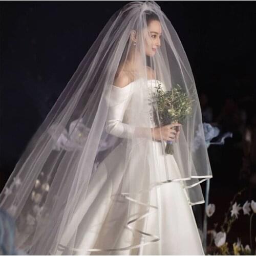 Women White Ivory Two Layers Wedding Veil 3.5 M Satin Ribbon Edge Mantilla Bridal Veil Of Bride Wedding Accessories