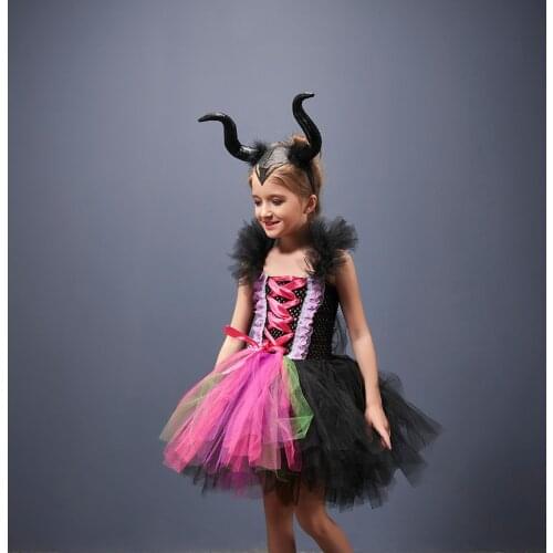 Mal Style Halloween Costume Dress For Girls Witch TUTU With Horn Evil Princess Cosplay Outfits Kids Scary Costumes Disguise Robe