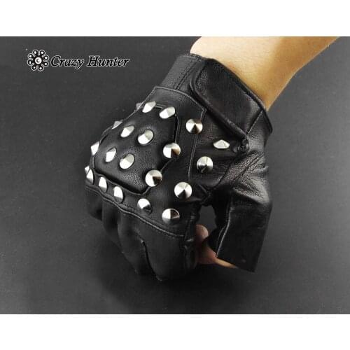 Mens Bling Metal Punk Rock Skull Biker Motorcycle Fingerless Leather Gloves