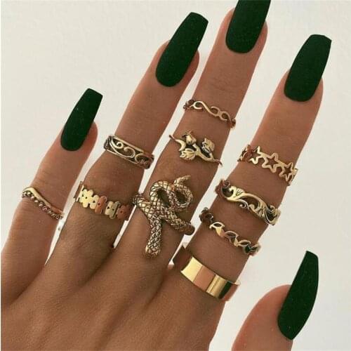 Tocona 10pcs/sets Rose Flowers Gold Ring Sets for Women Men Charm Star Hollow Geometric Snake Bohemian Jewelry Gift 15840