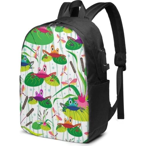 2021 New Laptop USB Backpack Funny Cartoon Frogs Sitting On Leaves School Bag Bookbag Men Women Travel Daypack Leisure Backpack
