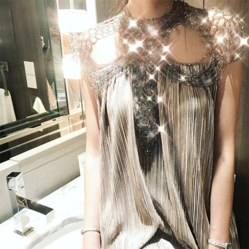 Hi Girl New diamonds beading shiny cape mini jurken 2020 summer dress for women pleated party sexy vestidos dress silver