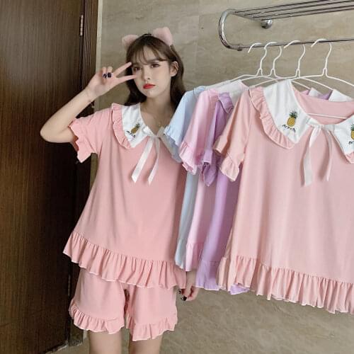 New Solid color Pajama Set Short Sleeve Shorts Suit Pajamas for Women Pijama Sleepwear Homewear Pyjamas 2021 Summer Women Set