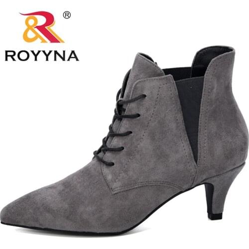 ROYYNA 2019 New Fashion Women Boots Casual Ladies Shoes Flock Pointed Toe Elastic Band Boots Thin Heels Office Ankle Boots Woman