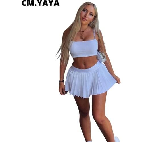 CM.YAYA Women Set Solid Sleeveless Strap Slash Neck Crop Tops Mini Pleated Skirts Two 2 Piece Set Sporty Tracksuit Outfit Summer