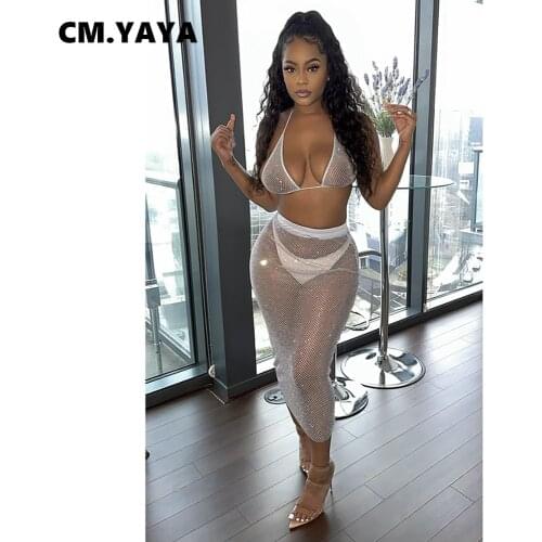 CM.YAYA Women Skirt Set Mesh See-through Bandage Bra Tops Elastic Sheath Mid Calf Skirt 2 Piece Set Sexy Night Club Praty Outfit
