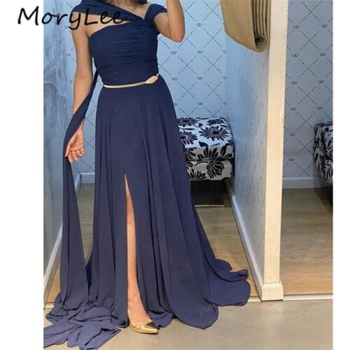 Navy Chiffon Evening Dresses Special Design Sleeveless A-Line Side Slit Floor Length Simple Evening Dresses With Zipper Back