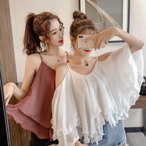 Womens New Summer Sexy Tops Sleeveless Off Shoulder Ruffles Women Blouses Spaghetti Top