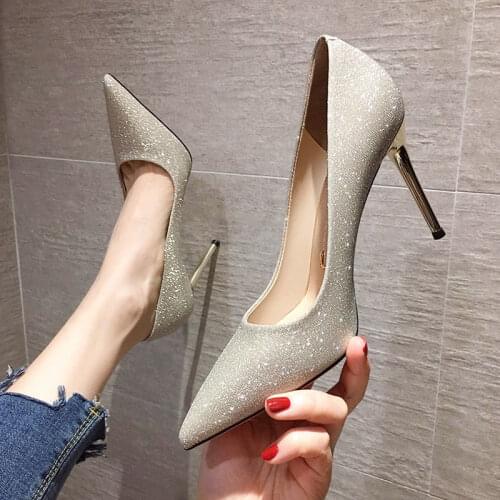 34-41 Shoes Woman Plus Size 9cm Luxury Designer Women High Heels Fine with Sequined French Sexy Pointed Shoes Black Silver Gold
