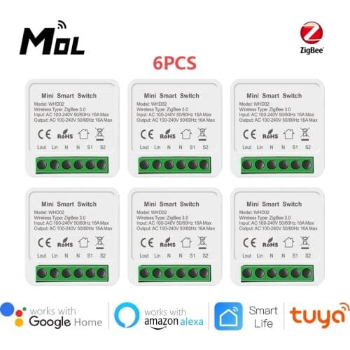 6pcs Tuya ZigBee 3.0 16A Mini Smart Wifi DIY Switch Supports 2 Way Control, Smart Home Automation Module,Works with Alexa Google
