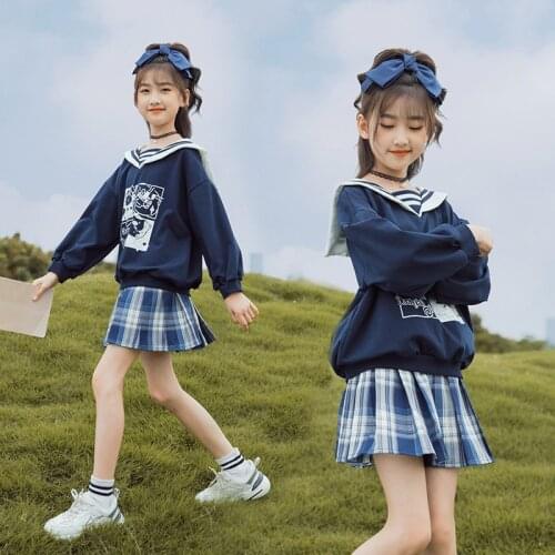 Teen Girl Spring Autumn Sets 2021 Childrens Preppy Style Navy Sailor Plaid Skirt & Pants Clothing Sets Child Clothes For Girl