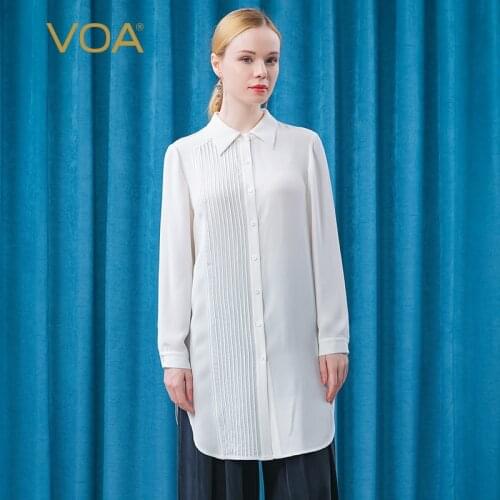 VOA Heavy Silk 30m/m Milk White Tip Collar Single Buckle Asymmetrical Bump Press Fold Splice Long Sleeve Shirt BE353
