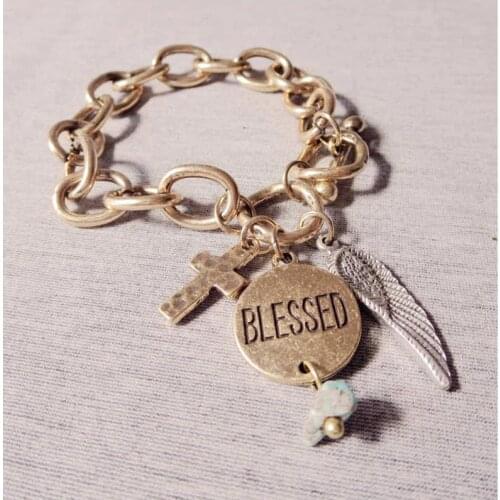 Religion Cross Feather Blessed Toggle Bracelet For Women Vintage Big Link Chain Tassel Bracelet Bangle Fashion Jewelry Pulseras