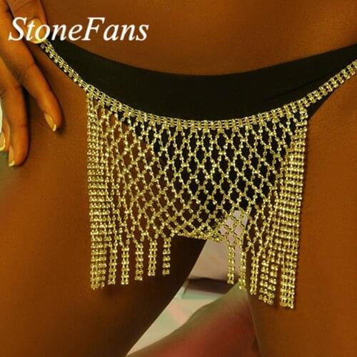 StoneFans Charms Tassel Body Sexy Jewelry Lingerie Adult Panties for Women Statement Mesh Multilayer Gold Chain Bikini Set Bra