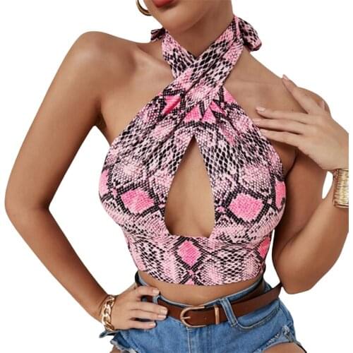 2021 New Women Summer Sexy Cross Hollow Out Vest Printed Pattern Halter Neck Sleeveless Crop Tops Pink/ Black/ Grey/ Khaki