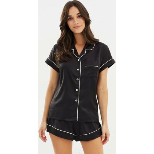 2PCS Women Pajama Set Summer Solid Short Sleeve Silk Satin Button T-shirt+Elastic Waist Shorts Casual Sleepwear Nightwear