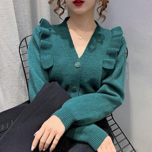 Autumn Sweet Ruffles Female Cardigan Knitted Women Sweater Cropped Cardigans Short Tops V Neck Korean Outerwear Japanese style