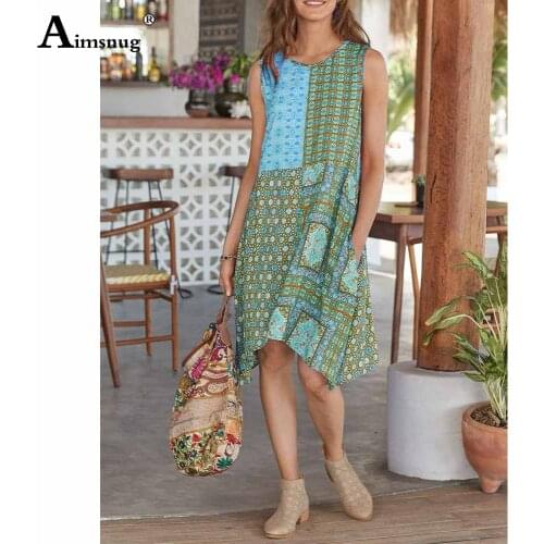 2021 Bohemian Flower Print Sweet Dress For Women Sleevelesss Casual Loose Dress Plus Size 4xl 5xl Female Knee-Length Dresses