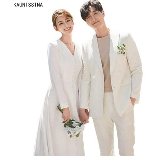 KAUNISSINA Simple Wedding Dress Long Sleeve V-Neck Bridal Dresses Mid-Calf Women A-Line White Wedding Gowns vestidos de novia