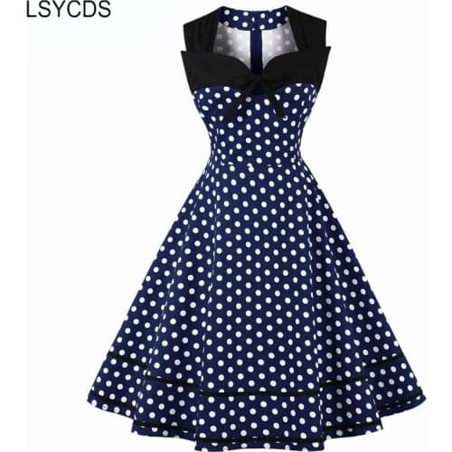 LSYCDS Women Elegant Vintage Sleeveless Rockabilly Blue Party Dresses Polka Dot 1950s Sweetheart Tie Neck Summer Dress