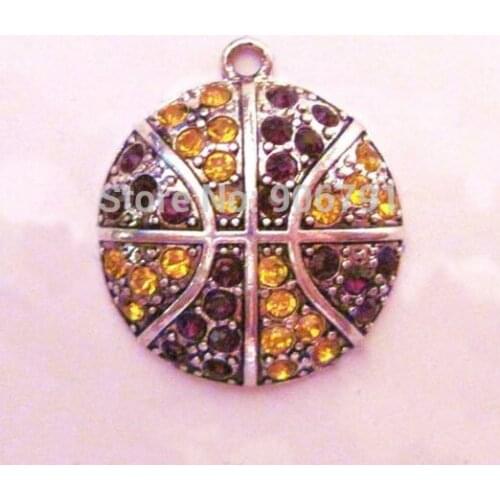 100pcs a lot zinc alloy studded with sparkling crystal Basketball Purple and Yellow Gold Pendant