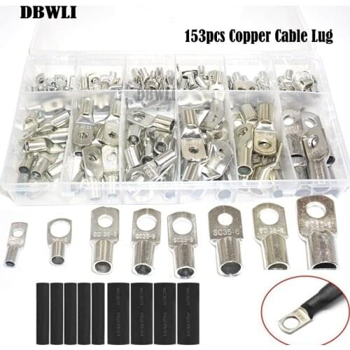 153Pcs SC Bare Ring Terminals lug Tinned Copper Tube Lug Seal Battery Wire Connectors Cable Crimped SC16-6 SC25-6 SC35-6 SC50-8