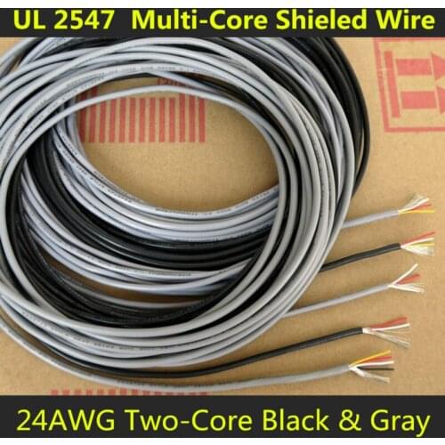 24AWG 2Cores Multicores Shielded Wires Tinned Copper Controlled Cable Headphone UL2547 Black & Gray color 1/5/20/50 Meters