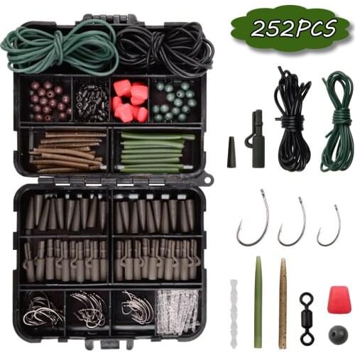 252Pcs/Box Carp Fishing Tackle Including Anti Tangle Sleeves Rolling Swivels Hooks Safety Lead Clips Beads Corn Bait Accessories