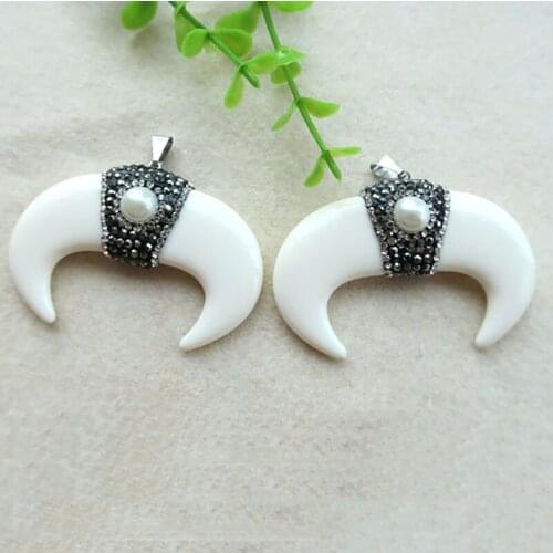 5Pcs OX Horn shape white big Pendant,Pave Rhinestone Crystal pearl Caps Charms,DIY Jewelry necklace making supplies PD135