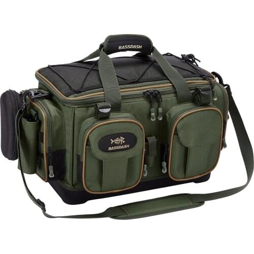 Bassdash FP05 Water Resistant Fishing Tackle Shoulder Bag Lightweight Gear Storage Pack with Hard Molded Bottom Rain Cover