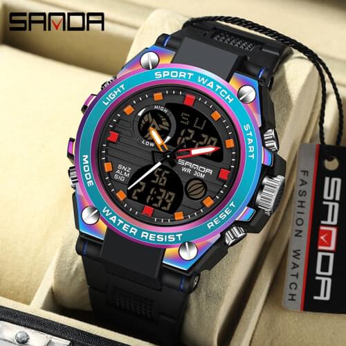 SANDA Mens Quartz Digital LED Watch Waterproof Sports Stop-Watch Multifunctional WristWatch Military Clock relogio masculino