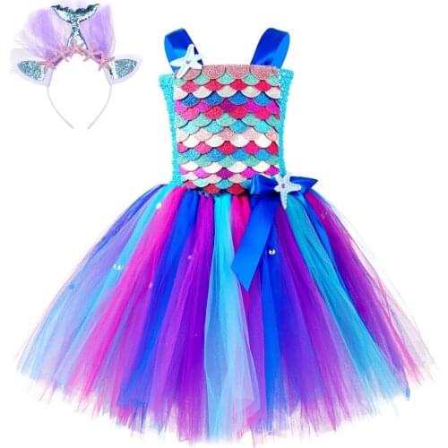 2020 Hot Mermaid Tutu Dress Girls Princess Birthday Party Dresses Starfish Fish Scales Halloween Cosplay Kids Mermaid Costumes