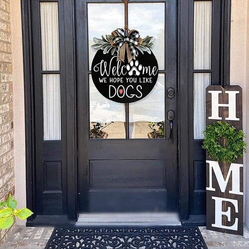 Welcome Sign Wreath Front Door Hanger with Bow 16 Inch Round Outdoor Hanging Vertical Sign Home Decoration Wreath Decor