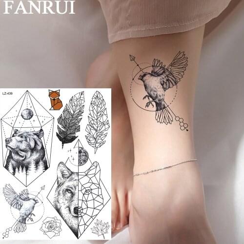 FANRUI Feather Bear Diamond Wolf Temporary Tattoos For Women Men Sticker Custom Tattoo Geometric Tatoos Black Body Art Arm