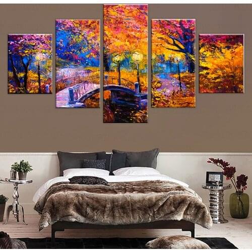 HD Printed Frame Home Decor Poster Modern 5 Panel Color Abstract Park Night View Bridge Living Room Pictures Wall Art Painting
