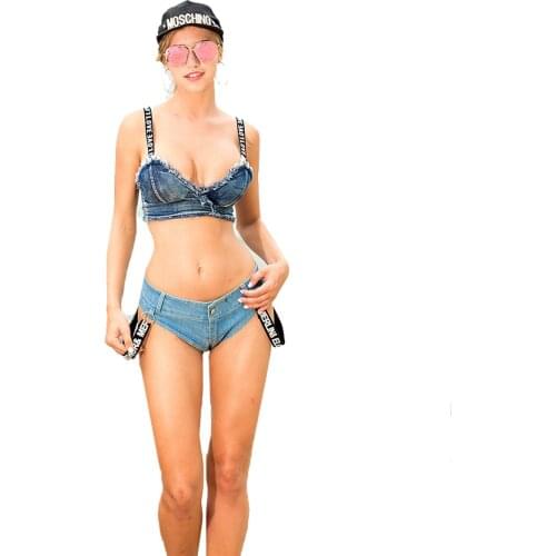 Women Summer Sexy Denim Tube Tops Strapless Bra Top Condole Belt Bustier Stretch Tube Ladies Skinny Jeans Shorts Sets