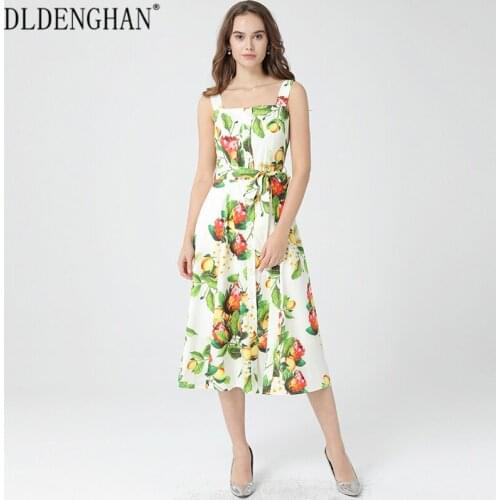 DLDENGHAN Fashion Print Summer Dress Women Lace-Up Spaghetti Strap Single-Breasted Vacation Dresses Designer New