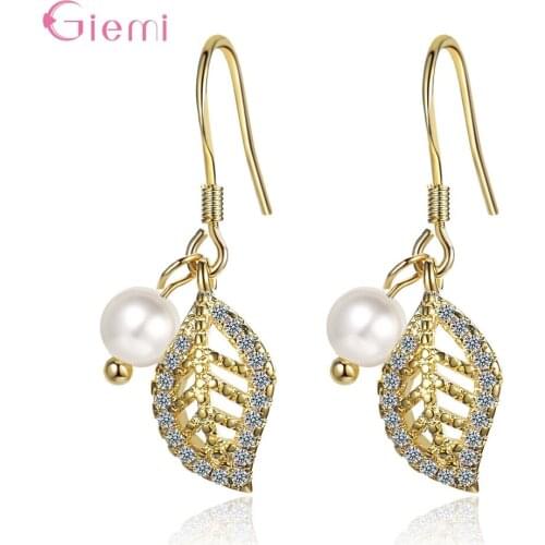 Fashion 925 Sterling Silver Statement Cubic Zircon Leaf Shape Gold Color Dangle Drop Natural Pearl Earrings for Women