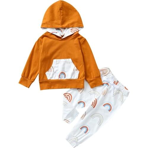 2021 Newest Girls Casual Two-piece Clothes Set, Rainbow/ Floral Printed Pattern Hooded Pullover and Pants, Caramel/ Dark Green